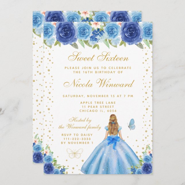 Invitación Blue Floral Blonde Hair Princess Sweet Sixteen (Anverso / Reverso)