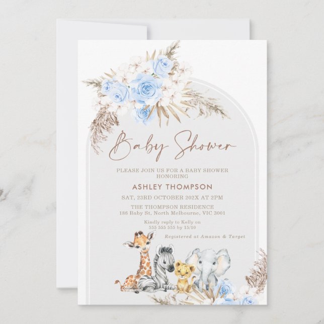 Invitación Blue Floral Boho Arch Safari Baby Shower (Anverso)