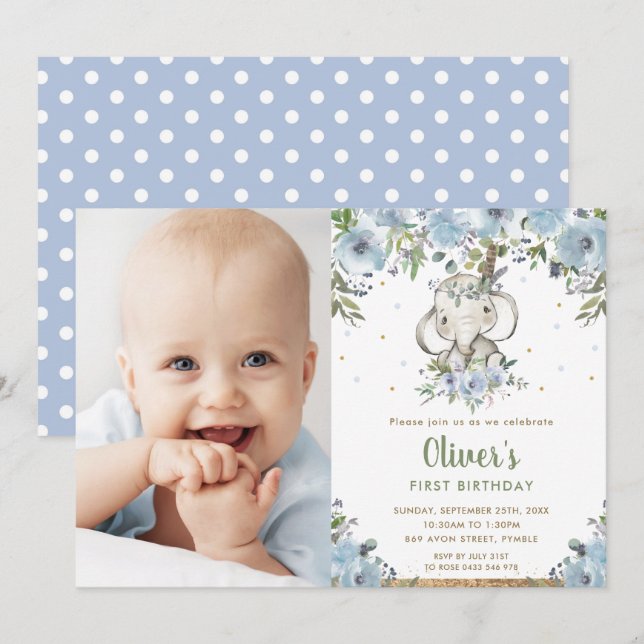 Invitación Blue Floral Boho Elephant Boy Foto de cumpleaños 1 (Anverso / Reverso)