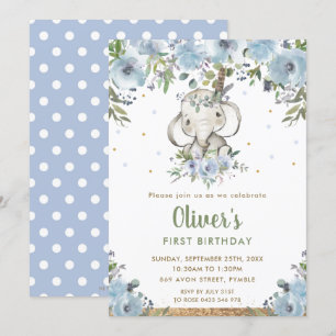 Invitación Blue Floral Boho Tribal Elephant Boy 1er cumpleaño