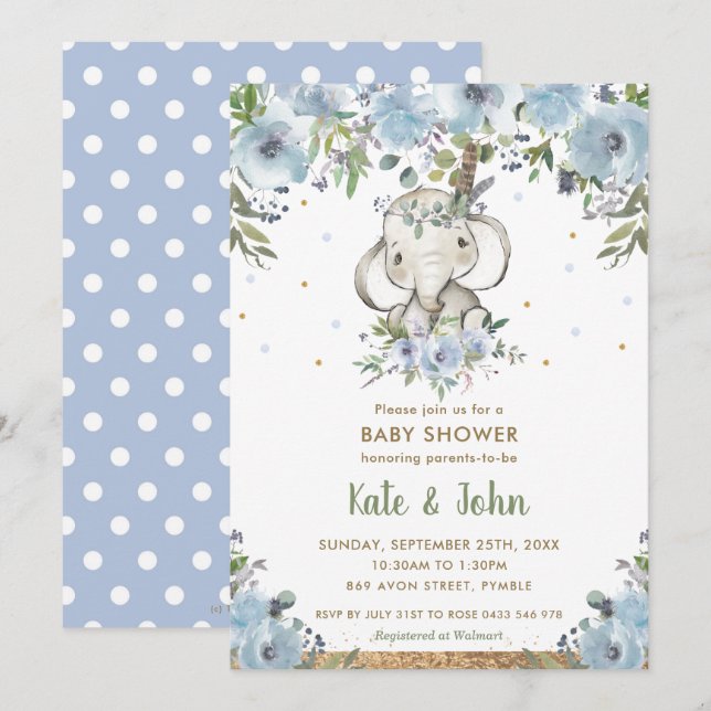 Invitación Blue Floral Boho Tribal Elephant Boy Baby Shower (Anverso / Reverso)