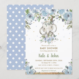 Invitación Blue Floral Boho Tribal Elephant Boy Baby Shower