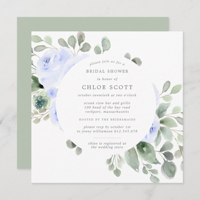 Invitación Blue Floral Botanical Square Bridal Shower (Anverso / Reverso)