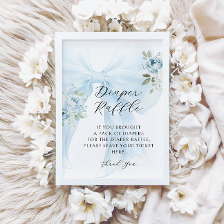 Invitación Blue Floral Bow Coquette Diaper Raffle Baby Shower