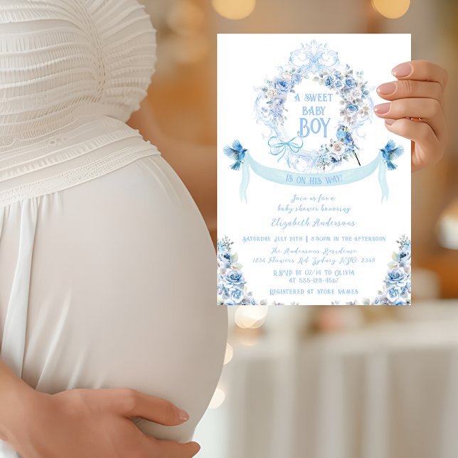 Invitación Blue Floral Bow Escudo Sweet Baby Boy Baby Shower (Subido por el creador)