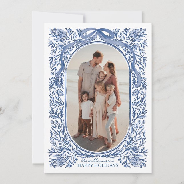 Invitación Blue Floral & Bow Holiday Photo Card (Anverso)