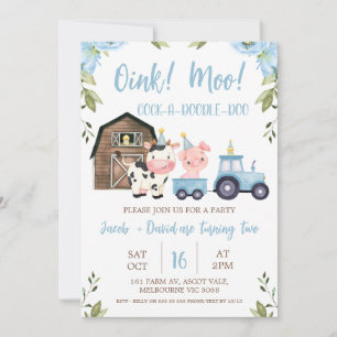 Invitación Blue Floral Boy Twins Barn Tractor Farm Cumpleaños