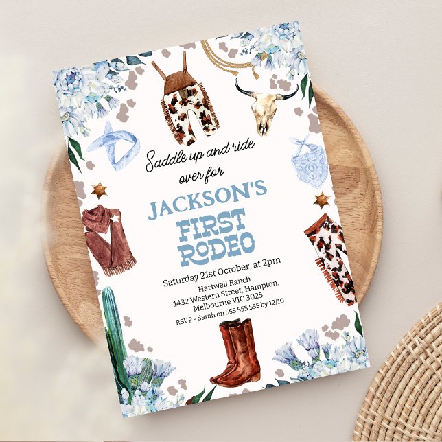 Invitación Blue Floral Boys Primer rodeo primer cumpleaños (Boy First Rodeo 1st Birthday Invitation, Blue Floral Cowboy 1st Birthday Invitation, Western Themed)