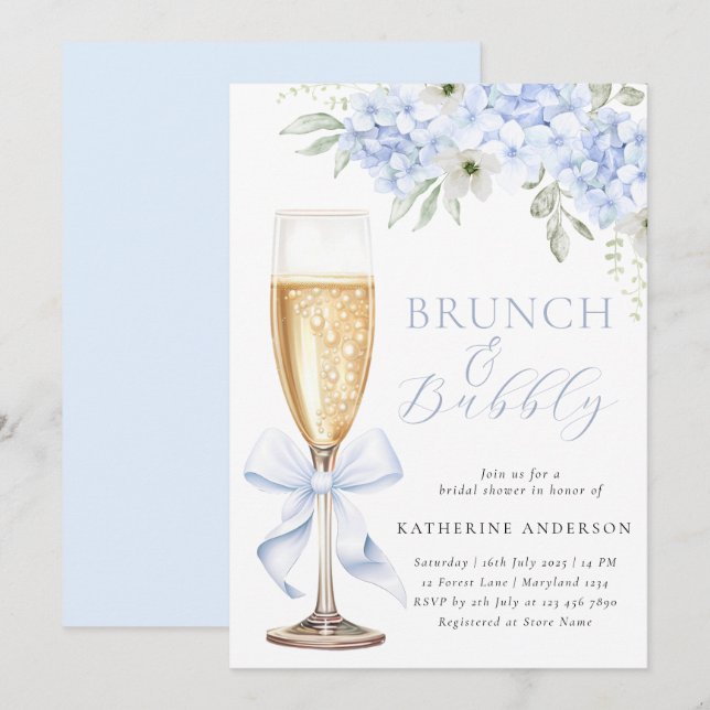 Invitación Blue Floral Bridal Brunch Shower Invitation (Anverso / Reverso)