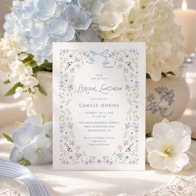 Invitación Blue Floral Bridal Luncheon with Bow (Blue Floral Bridal Luncheon Invitation)