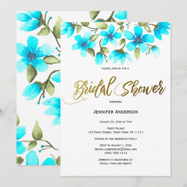 Invitación Blue Floral Bridal Shower (Anverso / Reverso)