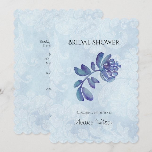 Invitación Blue Floral Bridal Shower (Anverso / Reverso)