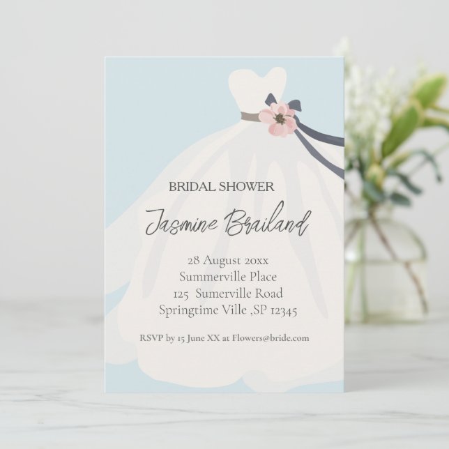 Invitación Blue Floral Bride la novia Gown Bridal Shower (Anverso de pie)