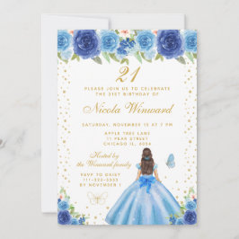 Invitación Blue Floral Brunette Hair Princess Birthday Party