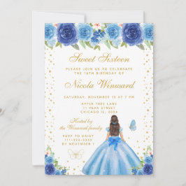 Invitación Blue Floral Brunette Hair Princess Sweet Sixteen