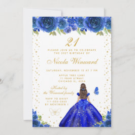 Invitación Blue Floral Brunette Princess Birthday Party