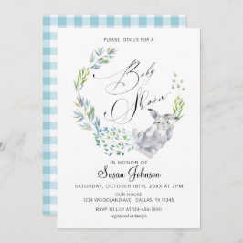 Invitación Blue Floral Bunny Calligraphy Spring Baby Shower