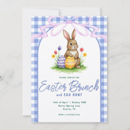 Invitación Blue Floral Bunny Watercolor Gingham Ribbon Easter