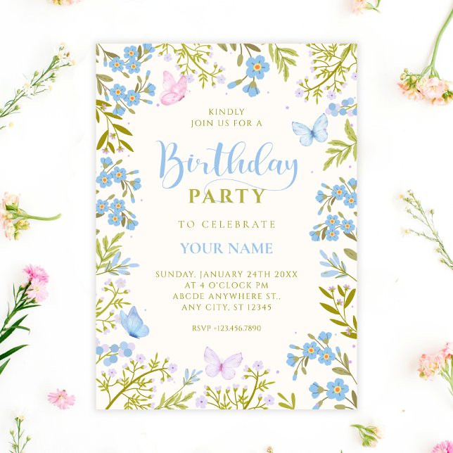 Invitación Blue floral butterflies birthday (Subido por el creador)