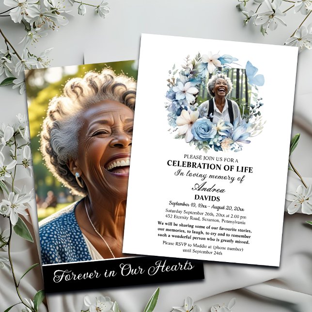 Invitación Blue Floral Celebration Of Life 2 Photos Funeral  (Subido por el creador)