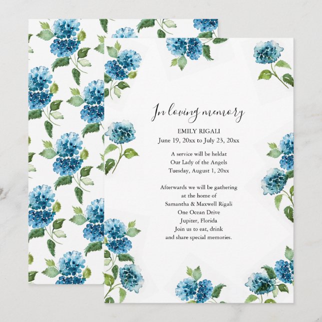 Invitación Blue Floral Celebration of Life Invitations (Anverso / Reverso)