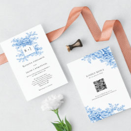 Invitación Blue Floral Chinoiserie 2-sided QR Code Monogram