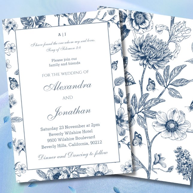 Invitación Blue Floral Chinoiserie Christian Wedding  (Subido por el creador)