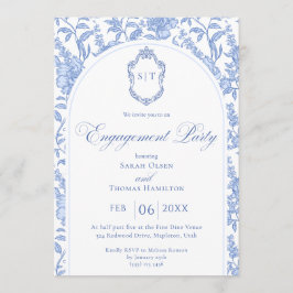 Invitación Blue Floral Chinoiserie Monogram Engagement Party