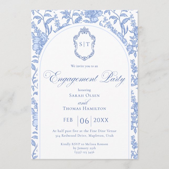 Invitación Blue Floral Chinoiserie Monogram Engagement Party (Anverso)