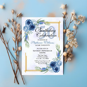 Invitación Blue Floral Classic Elegant 50 cumpleaños femenino