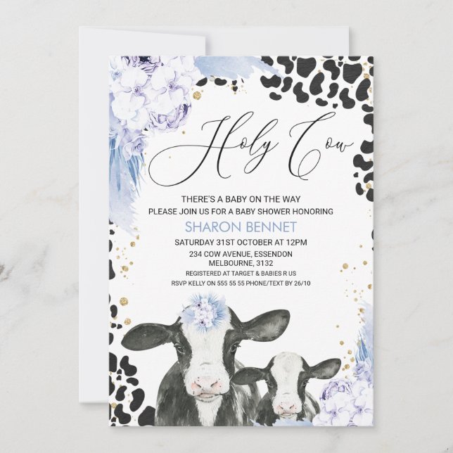 Invitación Blue Floral Cow Calf Boho Floral Baby Shower (Anverso)