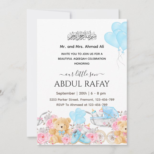 Invitación Blue Floral Crib Islamic baby boy Aqiqa Aqeeqa   (Anverso)