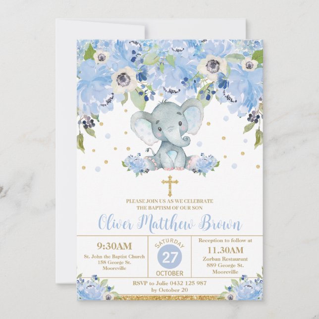 Invitación Blue Floral Cute Elephant Baptism Christening (Anverso)