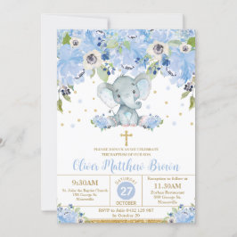 Invitación Blue Floral Cute Elephant Baptism Christening