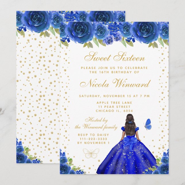 Invitación Blue Floral Dark Skin Princess Sweet Sixteen (Anverso / Reverso)