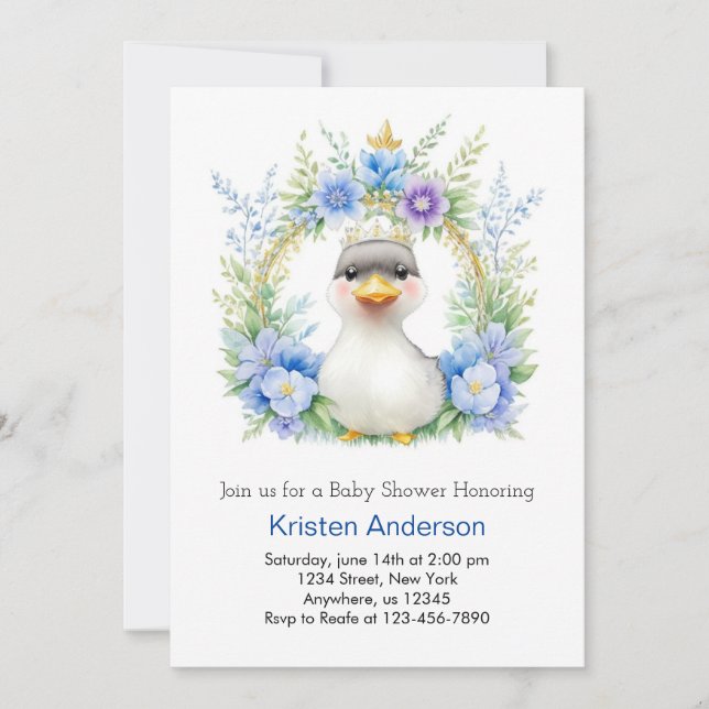 Invitación Blue Floral Duck Boy Baby Shower (Anverso)