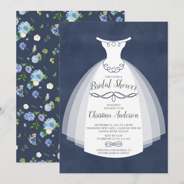 Invitación Blue Floral Elegance Bride Gown Bridal Shower (Anverso / Reverso)