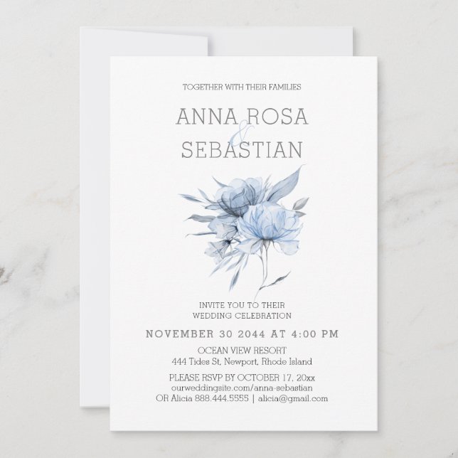 Invitación *~* Blue Floral Elegant AR15 Rosa BODA RSVP + (Anverso)