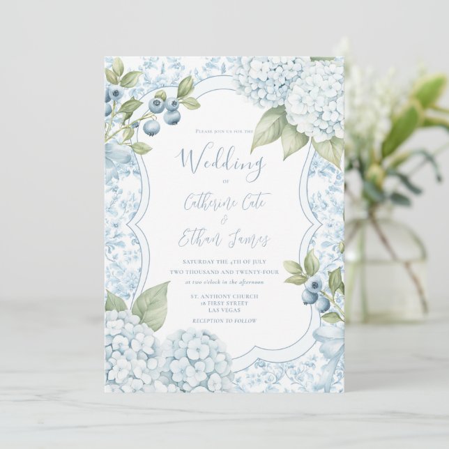 Invitación Blue Floral Elegant Blue Hydrangea Wedding  (Anverso de pie)