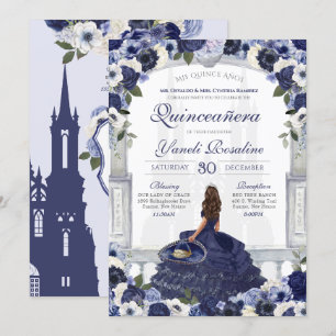 Invitación Blue Floral Elegant Charro Princess Quinceanera