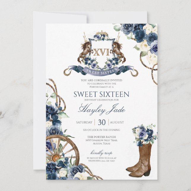 Invitación Blue Floral & Elegant Crest Cowgirl Ranch Sweet 16 (Anverso)