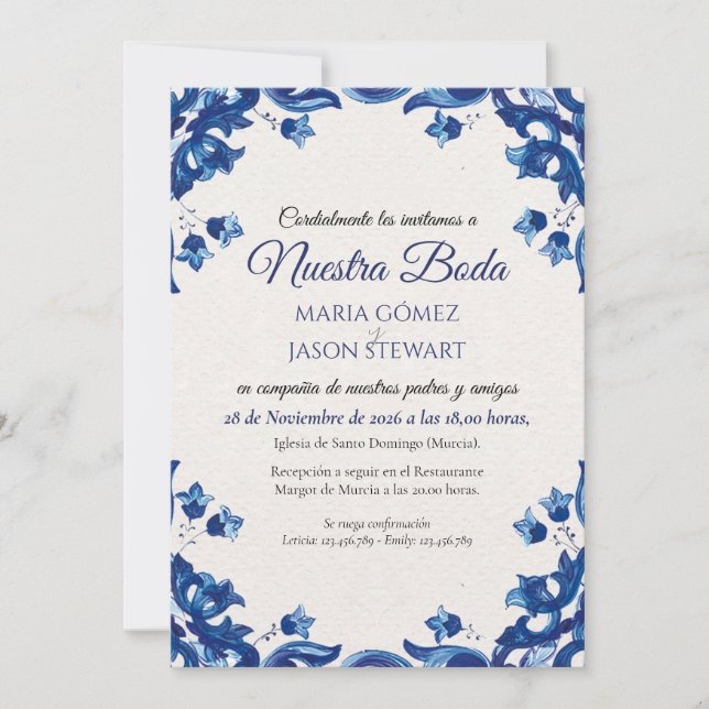 Invitación Blue Floral Elegant Fiesta Spanish Wedding (Anverso)