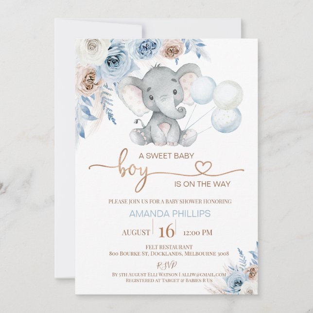 Invitación Blue Floral Elephant Balloons Baby Shower (Anverso)