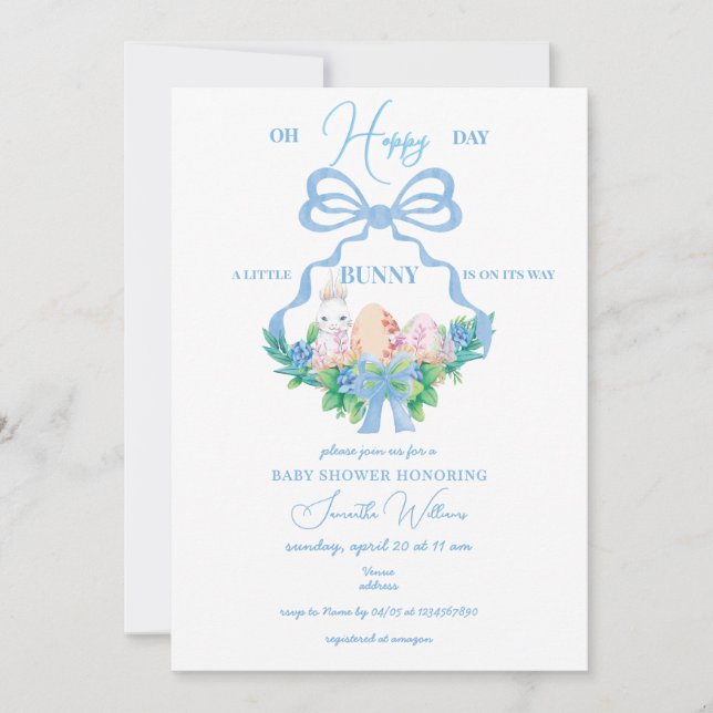Invitación Blue Floral Escudo Easter Bunny Boy Baby Shower (Anverso)