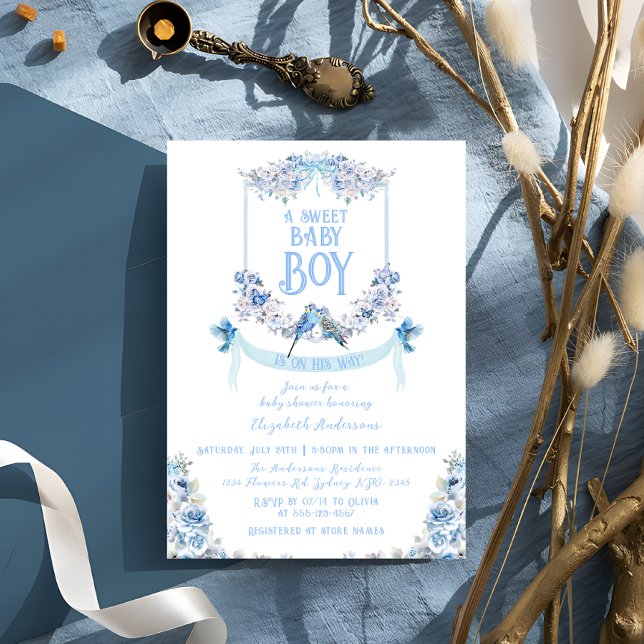 Invitación Blue Floral Escudo Sweet Baby Boy Baby Shower (Subido por el creador)