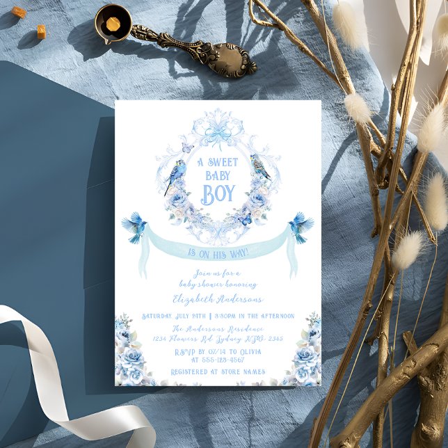 Invitación Blue Floral Escudo Sweet Baby Boy Baby Shower (Subido por el creador)