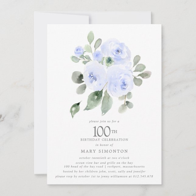 Invitación Blue Floral Eucalyptus 100 cumpleaños (Anverso)