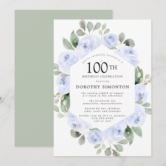 Invitación Blue Floral Eucalyptus 100 cumpleaños (Anverso / Reverso)