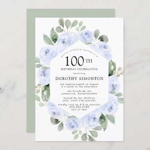 Invitación Blue Floral Eucalyptus 100 cumpleaños