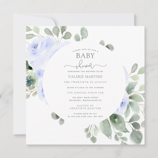 Invitación Blue Floral Eucalyptus Baby Shower Botánico (Anverso)